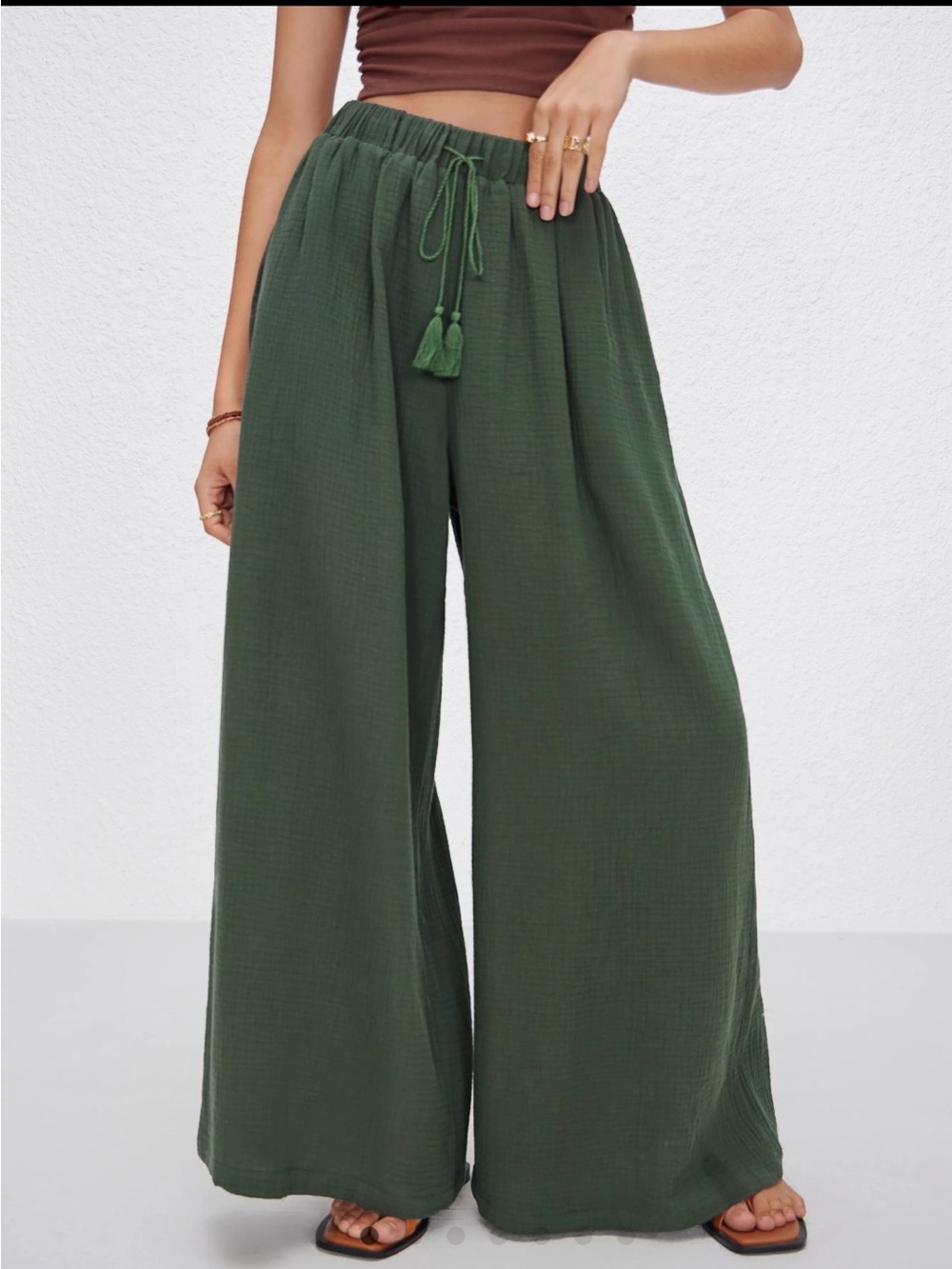 Cider Forest Green Wide Leg Drawstring Pants with Tassel